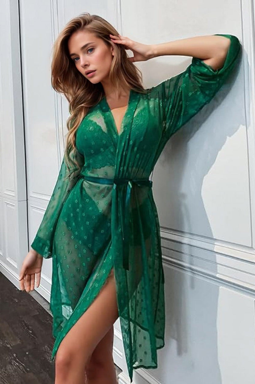Black French Dot Mesh Robe and Bra Set