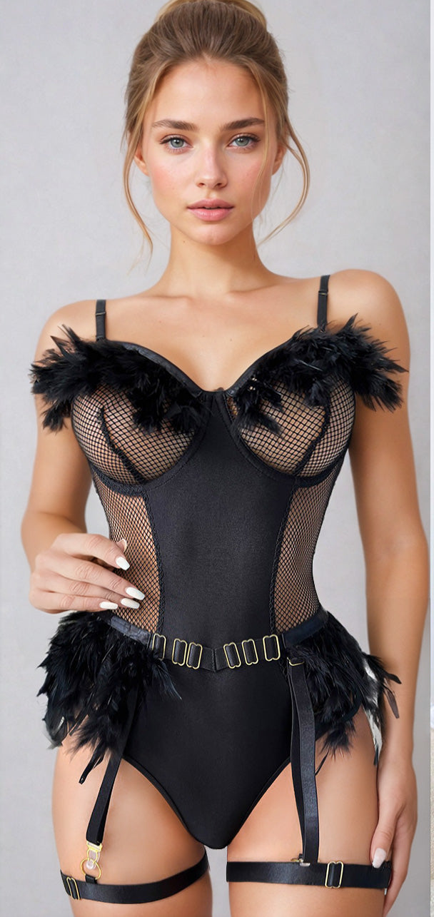 Black Feather Garter Teddy