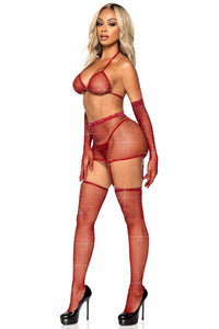 Rhinestone Fishnet Bra and Skirt Set