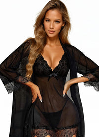 Black Sheer Bow Babydoll and Robe Set