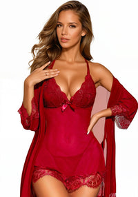 Black Sheer Bow Babydoll and Robe Set