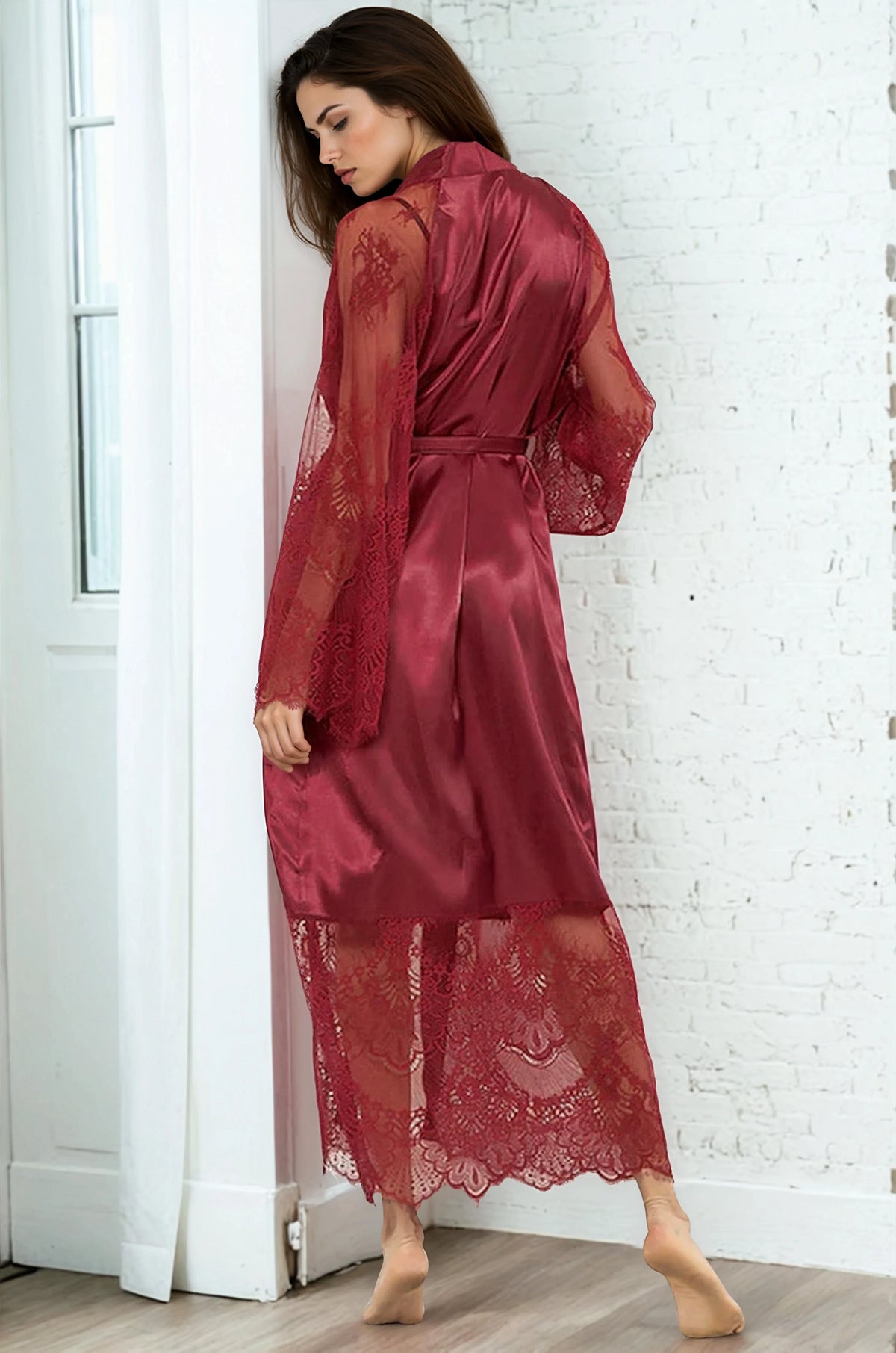 Black Long Satin and Lace Robe