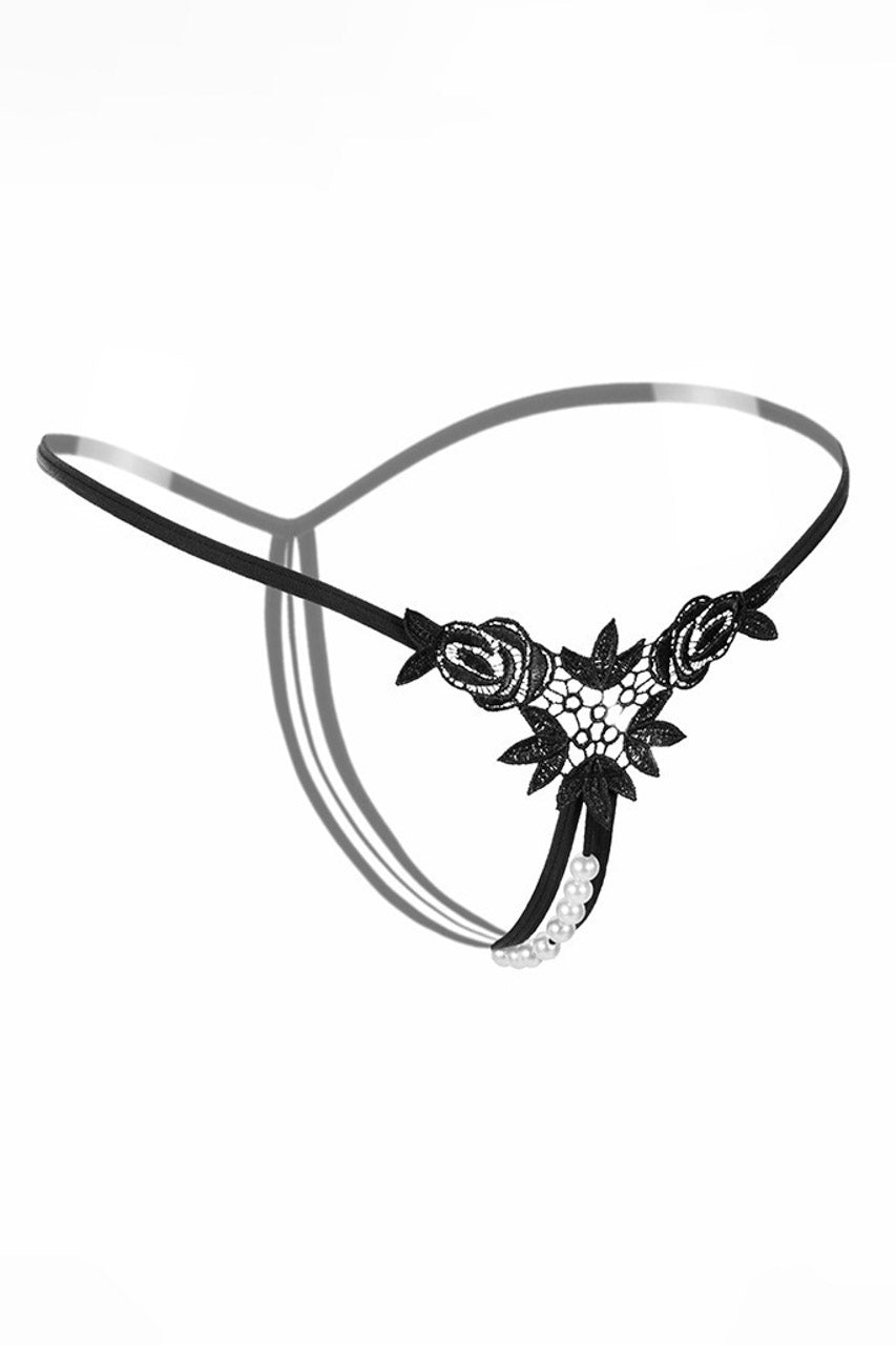 Black Embroidered Pearl Thong
