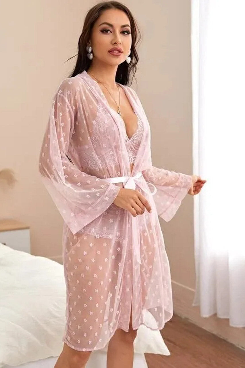 Black French Dot Mesh Robe and Bra Set