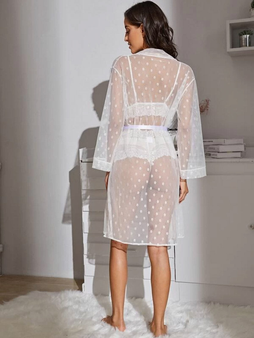 Black French Dot Mesh Robe and Bra Set