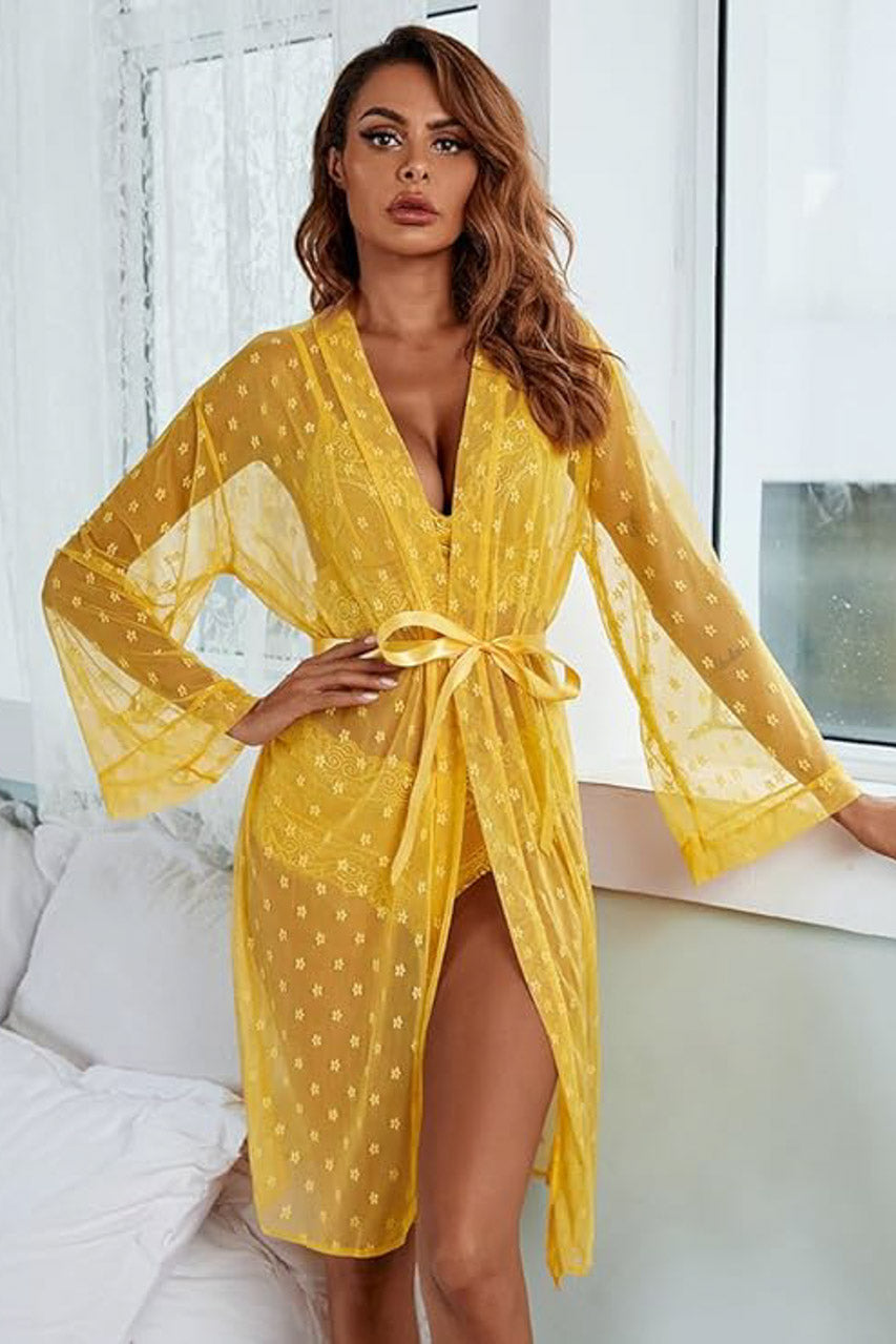Black French Dot Mesh Robe and Bra Set