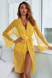 Black French Dot Mesh Robe and Bra Set