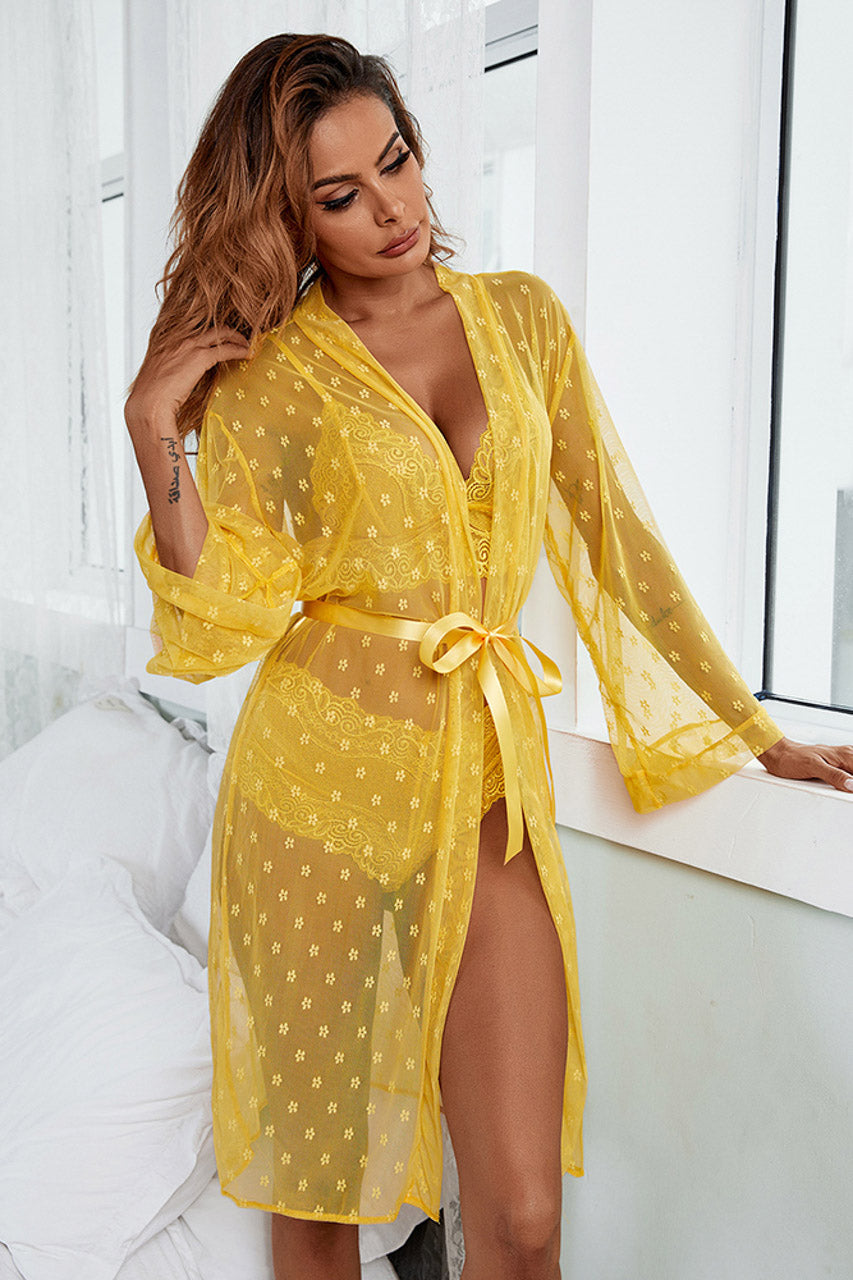 Black French Dot Mesh Robe and Bra Set