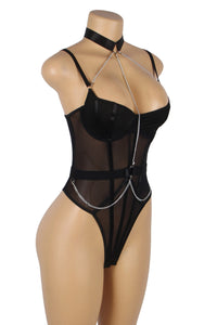 Black Draped Chain Harness Teddy