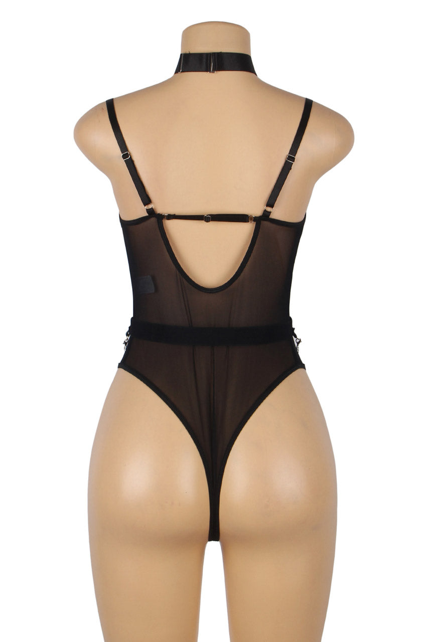 Black Draped Chain Harness Teddy