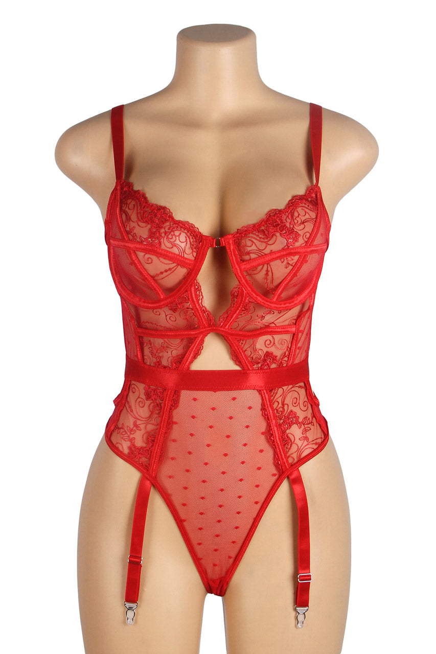 Red Hollow-Cut Embroidered Teddy