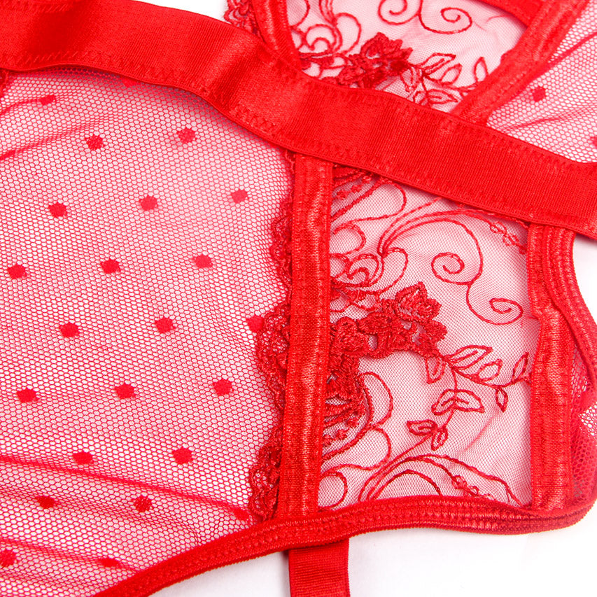 Red Hollow-Cut Embroidered Teddy