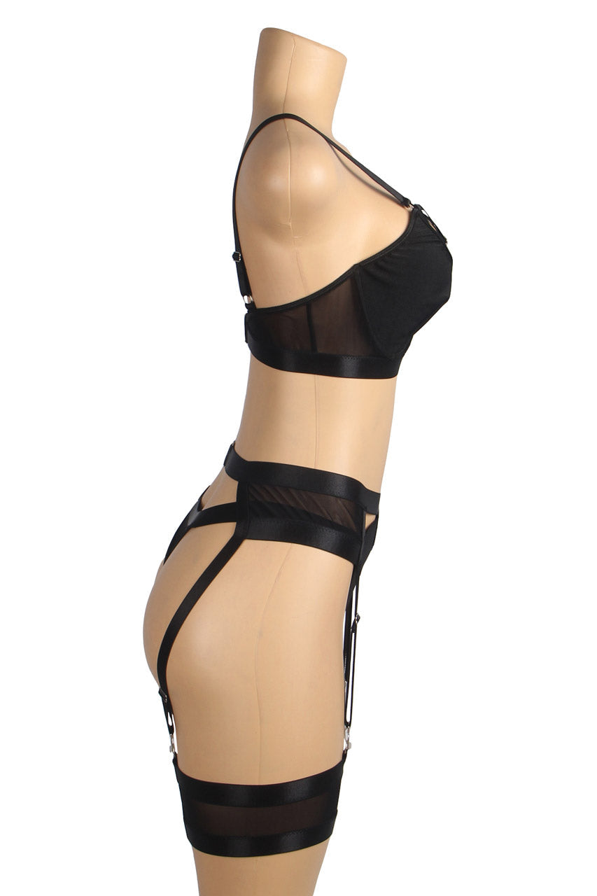 Black Bondage Bra and Garterbelt Set