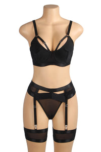 Black Bondage Bra and Garterbelt Set