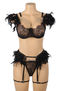 Black Strappy Feather Chain Bra Set