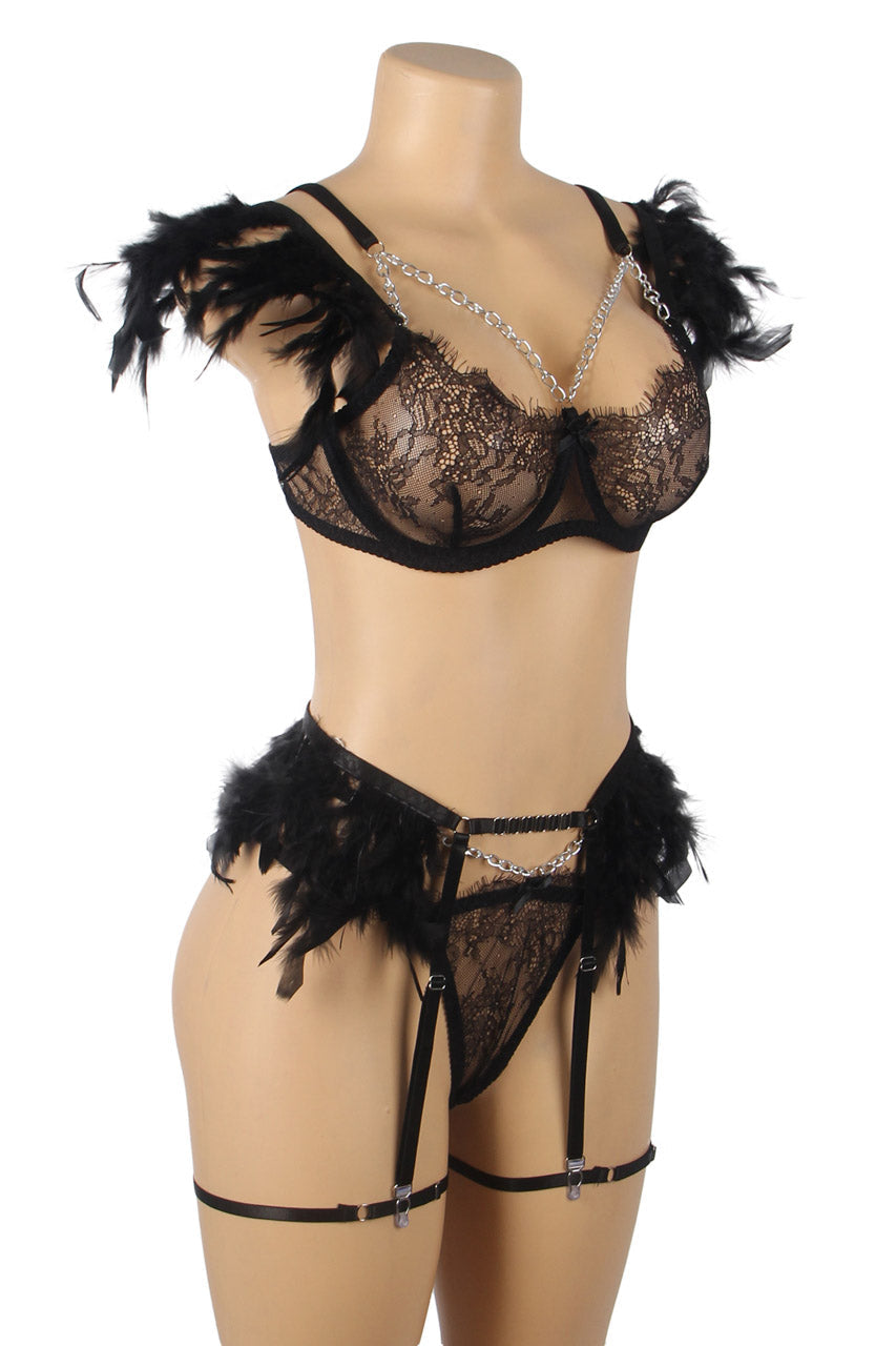 Black Strappy Feather Chain Bra Set