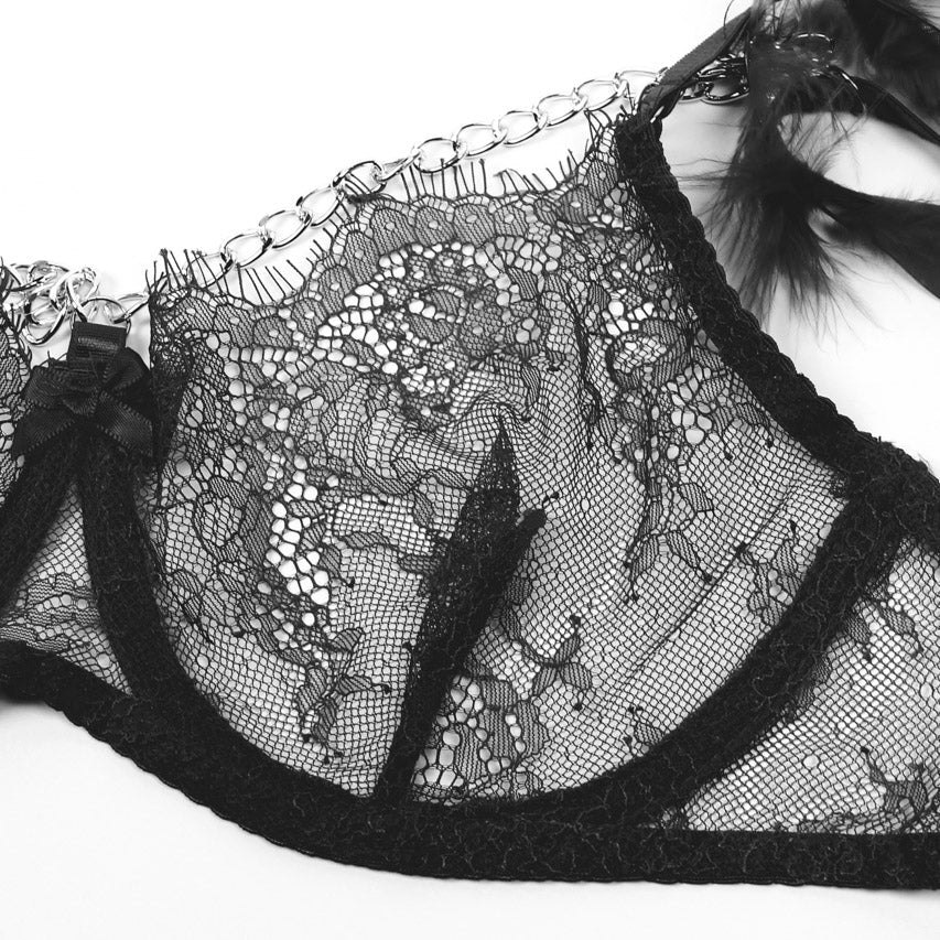 Black Feather-Trim Chain Bra Set