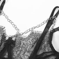 Black Feather-Trim Chain Bra Set