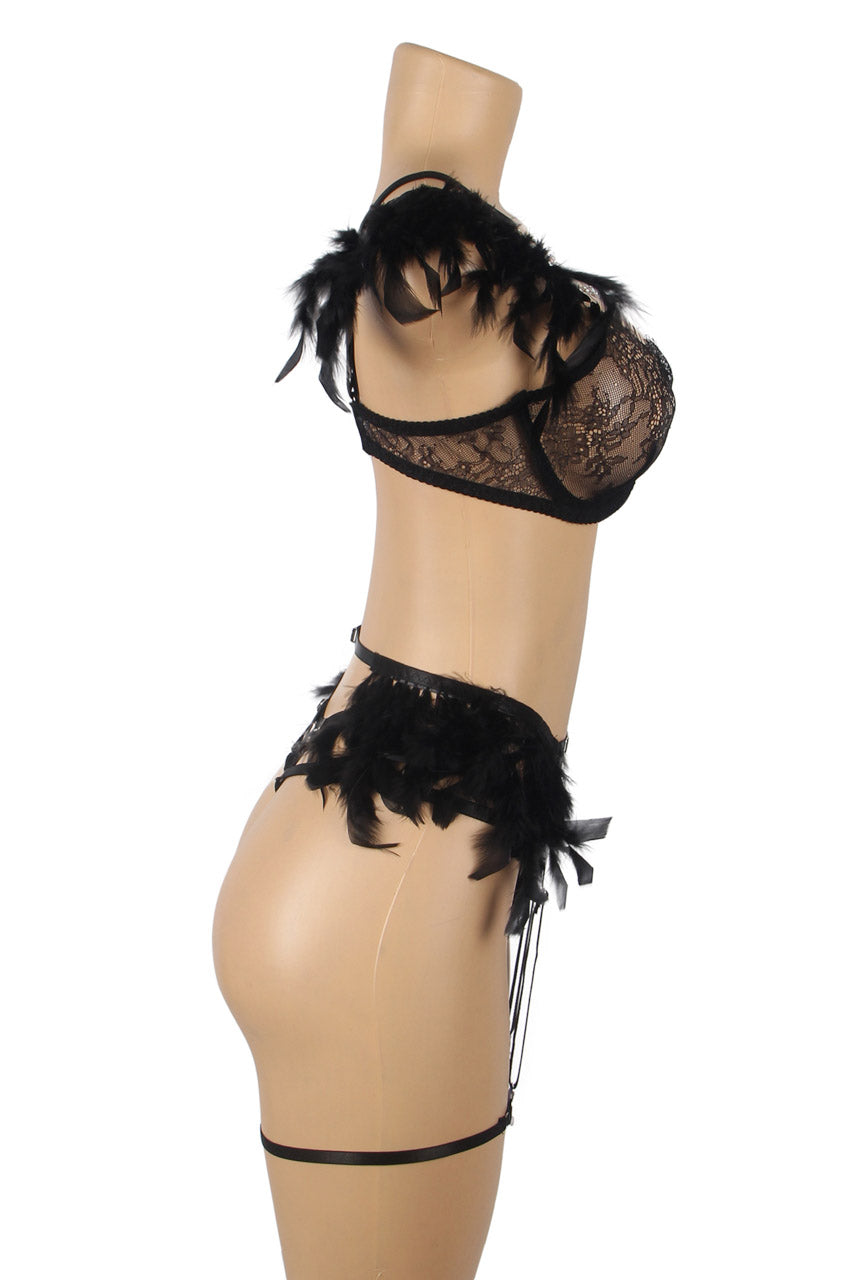 Black Strappy Feather Chain Bra Set