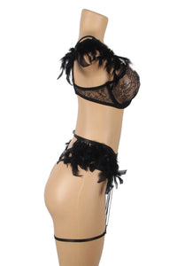 Black Strappy Feather Chain Bra Set