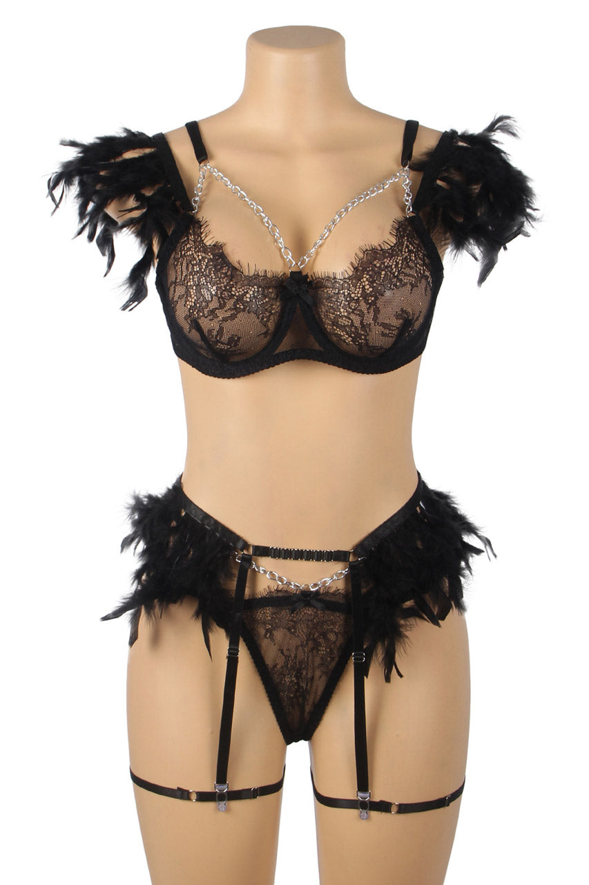 Black Feather-Trim Chain Bra Set
