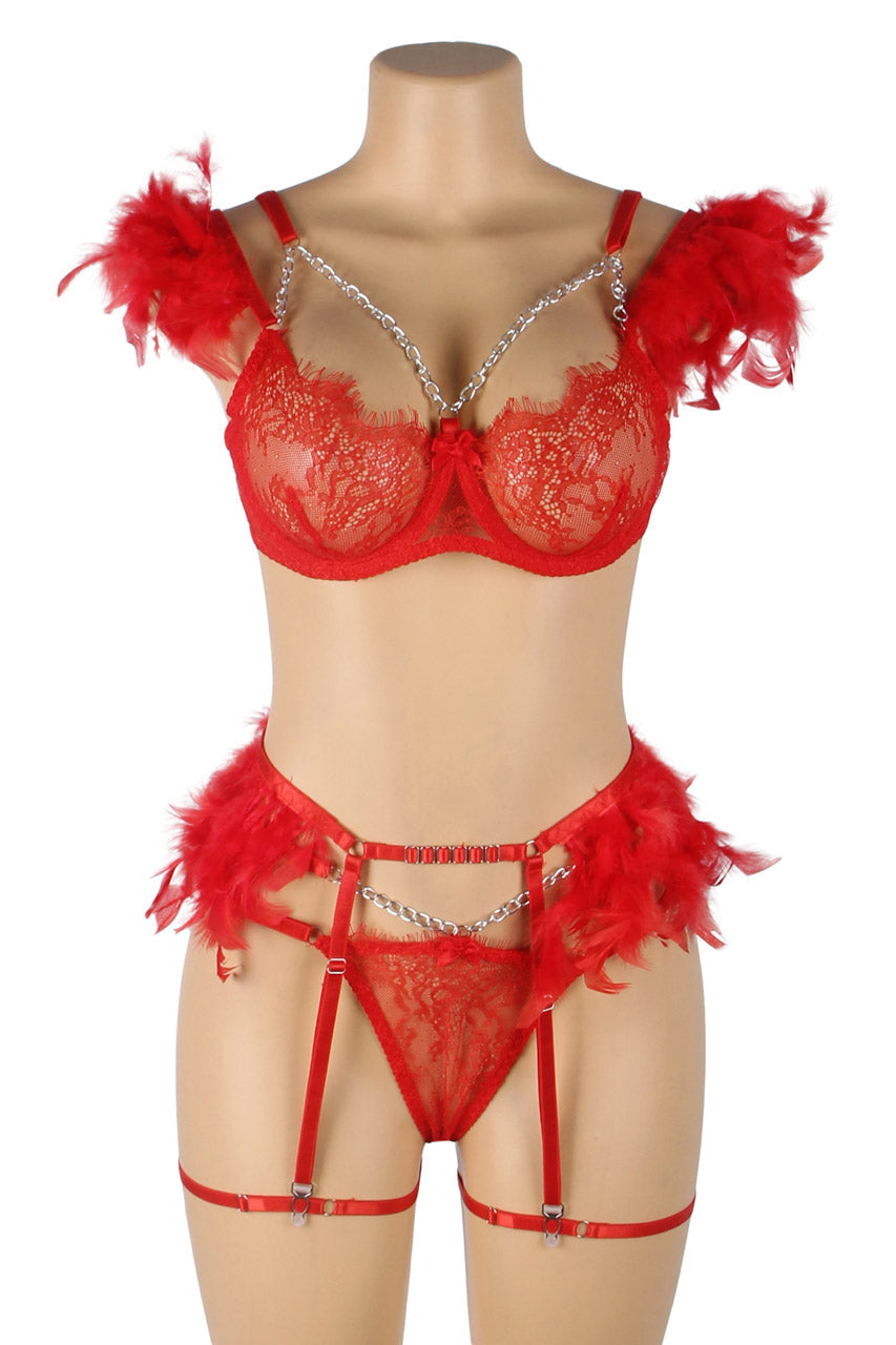 Black Strappy Feather Chain Bra Set