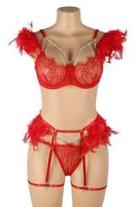 Black Strappy Feather Chain Bra Set
