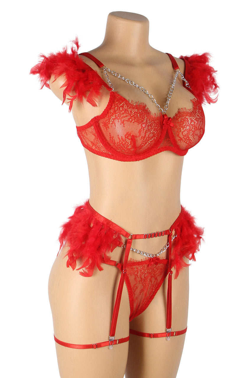 Black Feather-Trim Chain Bra Set