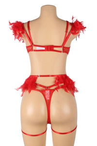 Black Feather-Trim Chain Bra Set