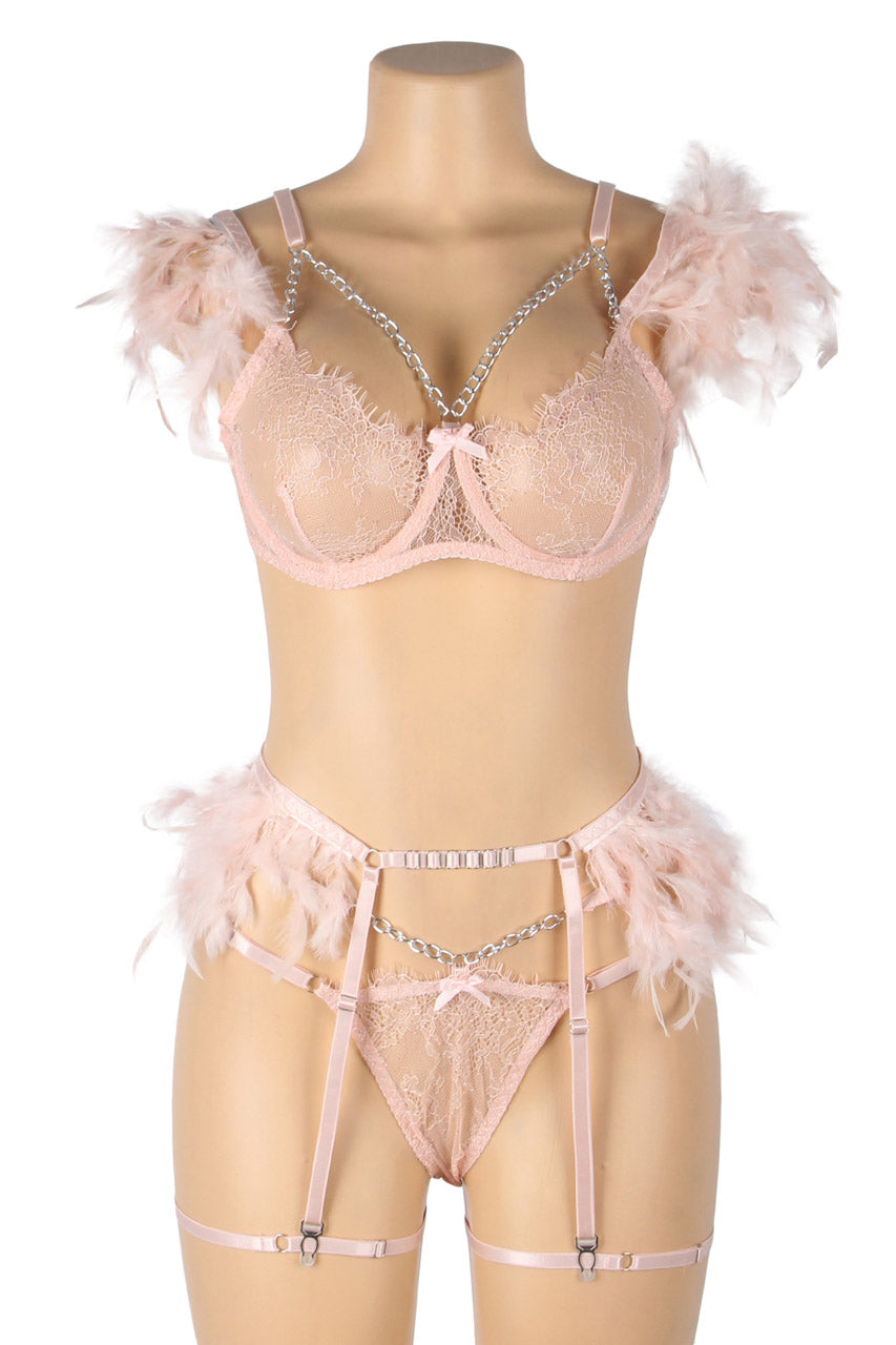 Black Strappy Feather Chain Bra Set