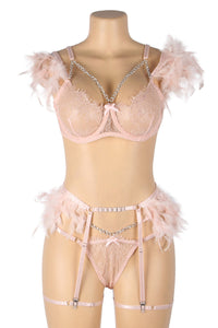 Black Feather-Trim Chain Bra Set