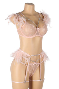 Black Strappy Feather Chain Bra Set