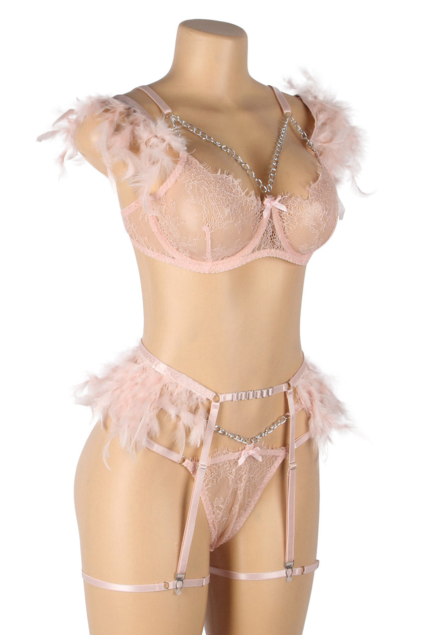 Black Feather-Trim Chain Bra Set