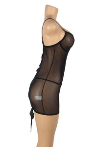 Black Lace-Up Back Sheer Chemise