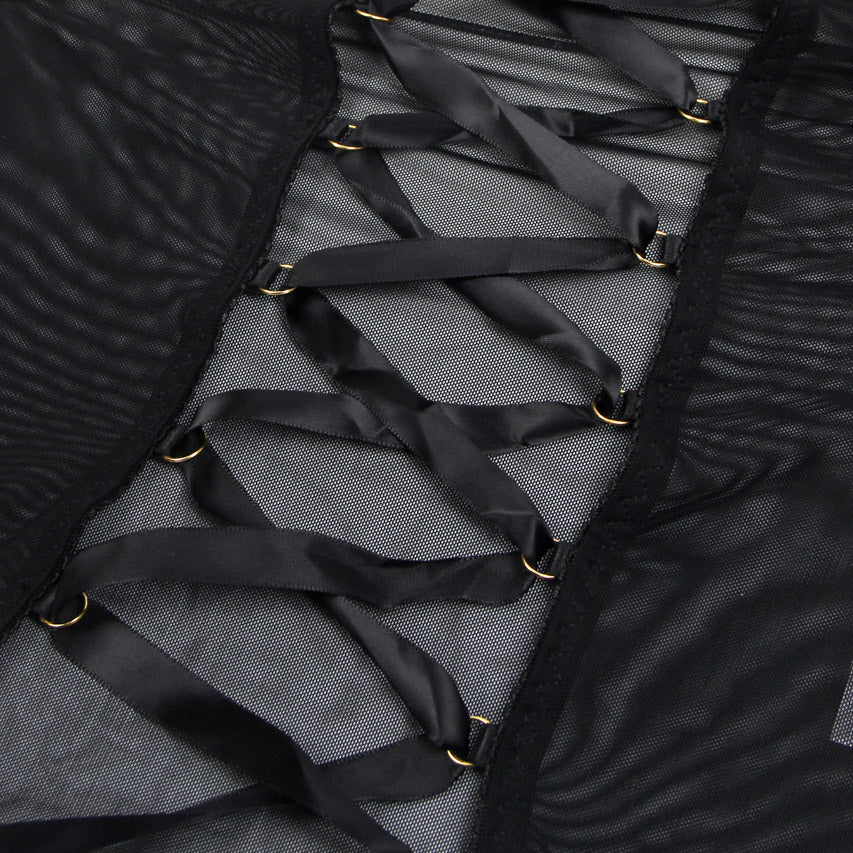 Black Lace-Up Back Sheer Chemise