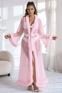 Red Faux Fur Trim Mesh Robe