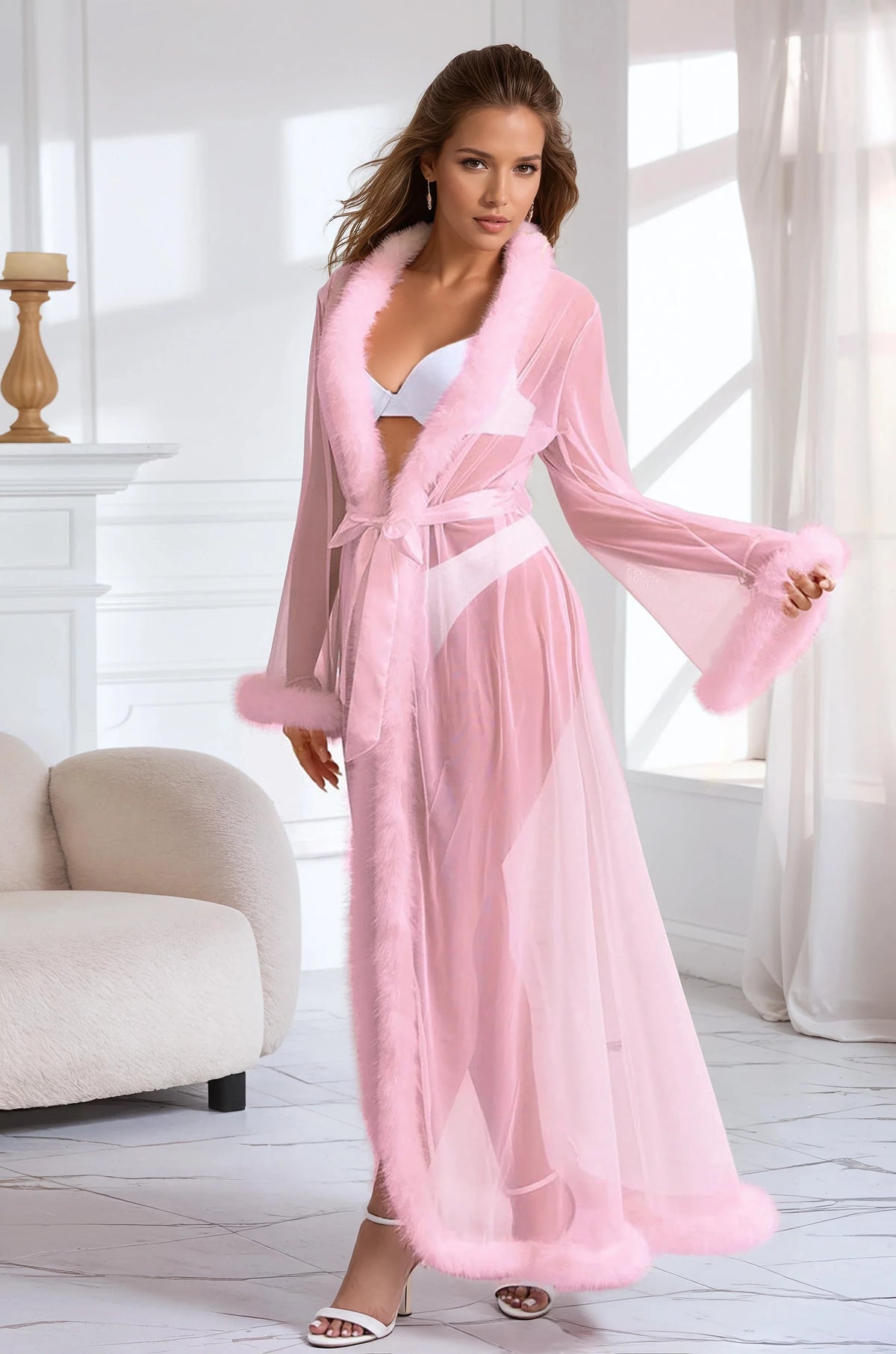 Red Faux Fur Trim Mesh Robe