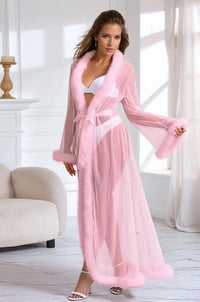 Red Faux Fur Trim Mesh Robe