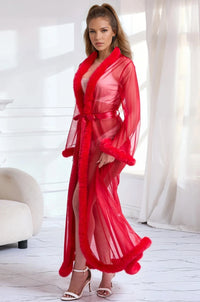 Red Faux Fur Trim Mesh Robe