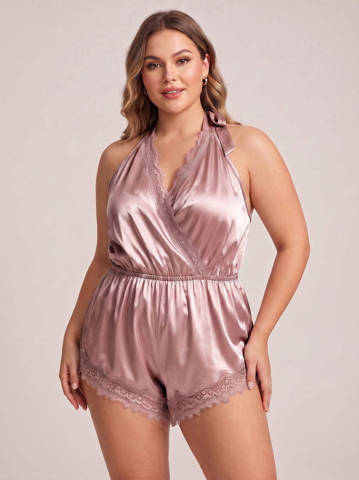 Coral Halter-Tie Lace Teddy